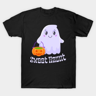 Sweet Haunt - Charming Ghost with Pumpkin Bucket T-Shirt